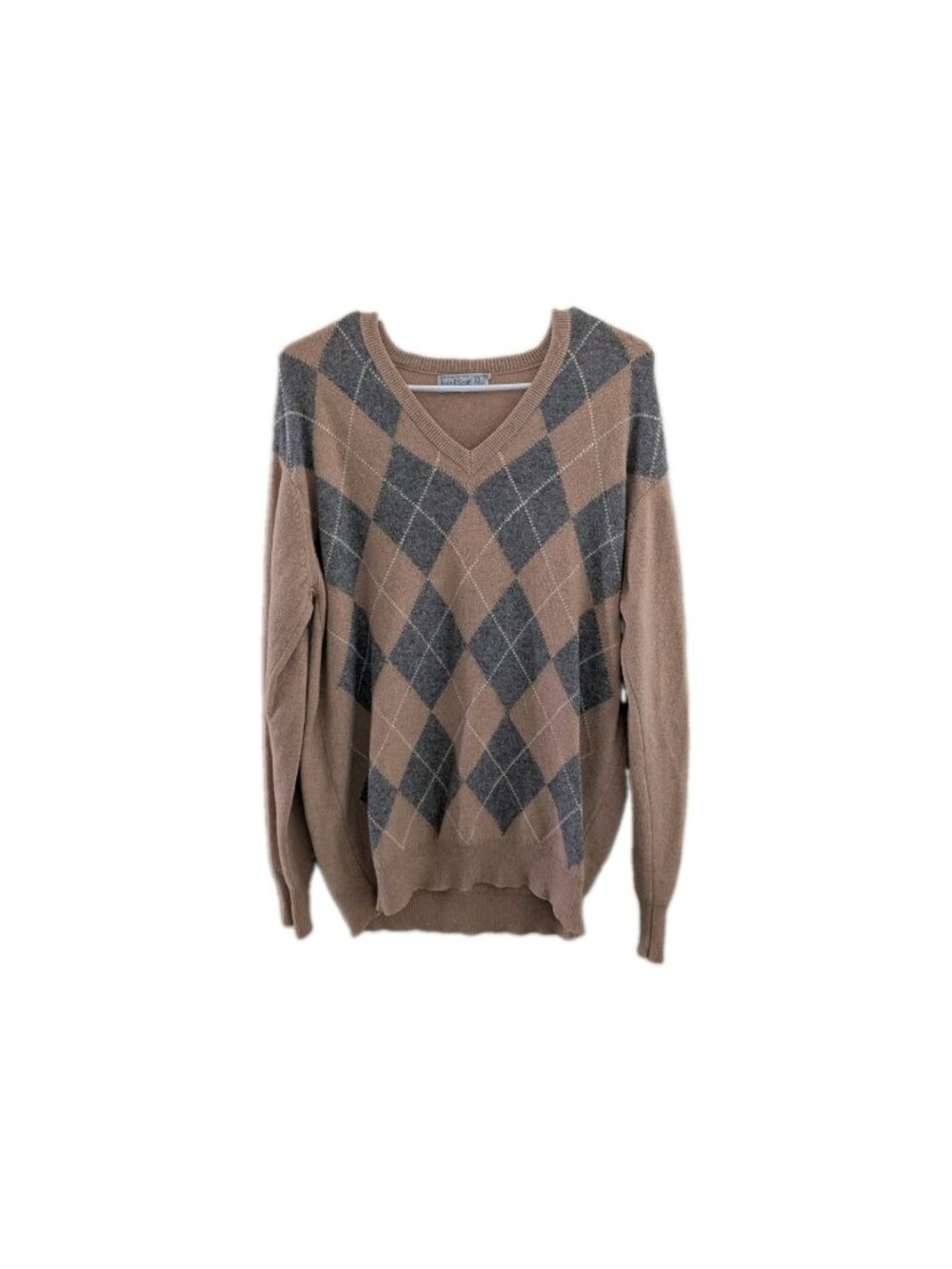 VINTAGE Lyle and Scott Sweater Mens 44 Large Brown 100% Cashmere Argyle V Neck